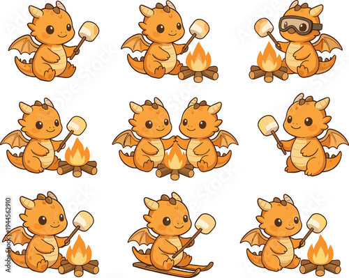 Collection of cute baby dragon camping and winter activity illustrations roasting marshmallows by campfire, skiing and sitting around fire, adorable fantasy cartoon mascot set