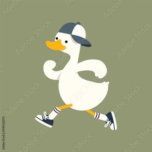Whimsical Jogging Duck Illustration with Cute Hand Drawn Animal Character Wearing Sneakers and Cap. Adorable Active Theme for Kids Apparel, Nursery Wall Art, and Sport Posters. Vector Art.