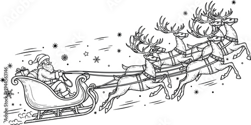 Vintage style Christmas line art vector of Santa Claus flying in sleigh with reindeer stars and snowflakes for coloring