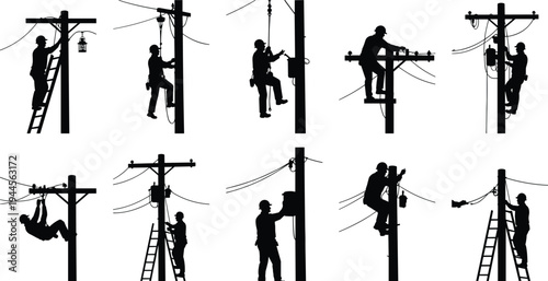 Collection of electrician lineman silhouettes climbing utility poles repairing overhead power lines, electrical maintenance workers performing energy infrastructure service and safety operations 