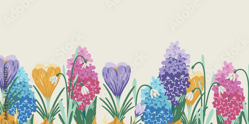 Spring floral banner template with blooming crocuses, hyacinths, and snowdrops