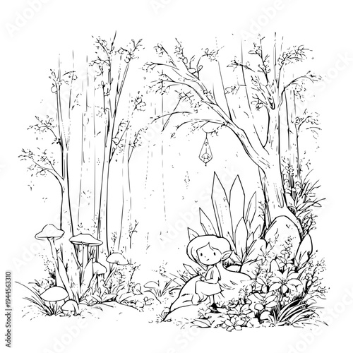 Little Mushroom Character Sitting on Rock in Forest