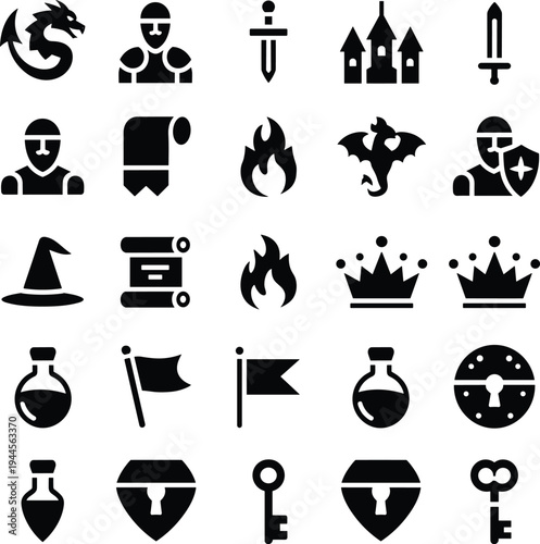 Collection of medieval fantasy game icons including dragon, knight helmet, swords, castles, crowns, potions, shields, keys and magical symbols for RPG UI design