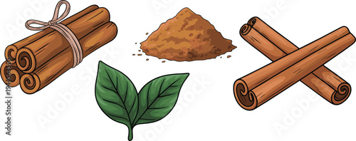 Cinnamon sticks powder and leaves aromatic spice ingredient illustration isolated for cooking baking herbal
