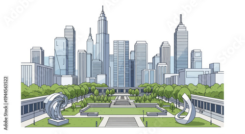 Modern Cityscape with Green Park and Sculptures