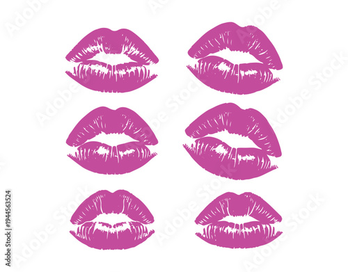 Set of female lips lipstick kiss prints for Valentine’s Day in vector style.