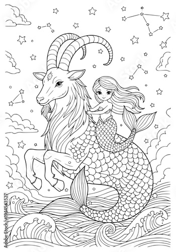 A mermaid riding a Capricorn coloring page