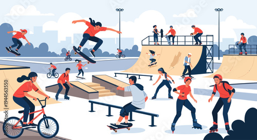 Energetic Skatepark Scene with Diverse Youth Enjoying Extreme Sports
