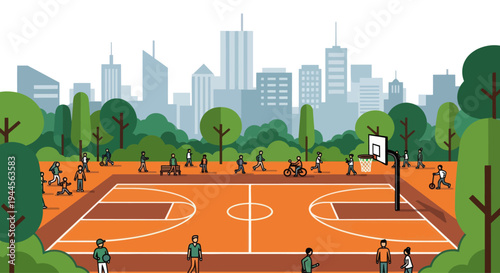 Urban Park Basketball Court with People Exercising and City Skyline
