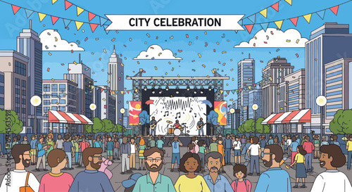 City Celebration: Outdoor Concert and Festival with Crowd and Buildings