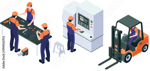 Industrial factory workers assembling parts, machine operator and forklift driver in manufacturing production process isometric vector illustration