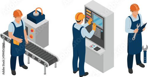Industrial workers operating factory machines, technician controlling manufacturing equipment and maintenance engineer inspecting production line automation illustration