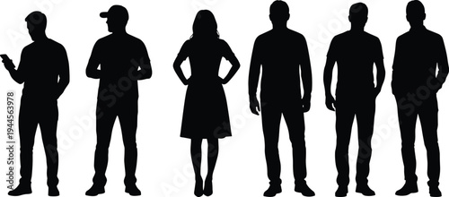Group of Standing People Silhouettes Men and Woman Casual Characters Isolated Vector Illustration Set