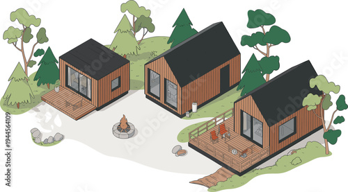 Isometric modern wooden cabins in forest with campfire deck outdoor seating tiny houses nature retreat vector illustration landscape scene
