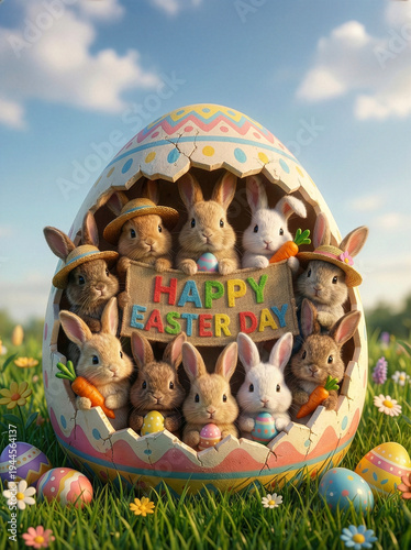 Adorable Bunnies Holding Happy Easter Banner Festive Spring Greeting Illustration