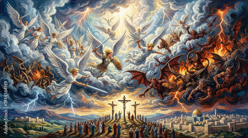 Celestial Battle of Angels and Demons Biblical Crucifixion Scene with Spiritual Warfare and Divine Judgment