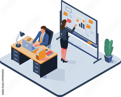 Isometric office teamwork planning strategy meeting with business professionals analyzing charts and data on board corporate workspace illustration