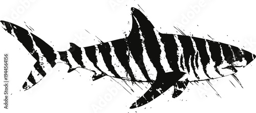Black and white grunge shark silhouette with rough brush strokes and stripes design