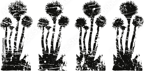 abstract black floral silhouettes with multiple flower stems and rounded blooms in rough texture