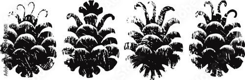 Four detailed pine cone silhouettes arranged in a horizontal row on white background