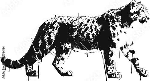 Black and white cheetah silhouette with dripping paint abstract design, wild cat art illustration