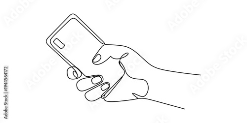 Continuous line drawing of a hand holding a smartphone, representing communication and technology. Vector, illustration