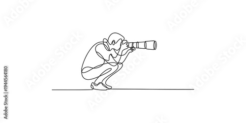 A continuous line drawing illustration of a photographer squatting and taking a picture with a large telephoto lens Vector, illustration