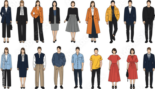 Men and Women Fashion Outfit Collection Business and Casual Clothing Styles Full Body Vector Characters