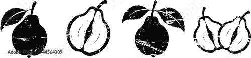 Black and white pear illustrations with leaves in vintage engraving style, rustic fruit designs set