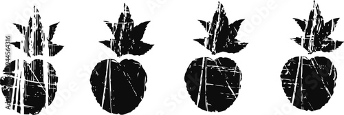 abstract textured black pineapples silhouettes set, tropical fruit icons with distressed effect