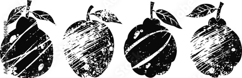 grunge pear silhouettes with leaves rustic nature inspired fruit icons illustration