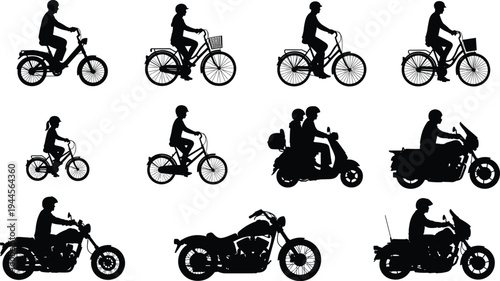 Large collection of black silhouettes featuring people riding bicycles, city bikes, scooters, and heavy motorcycles isolated on white background, urban transportation vector illustration set.