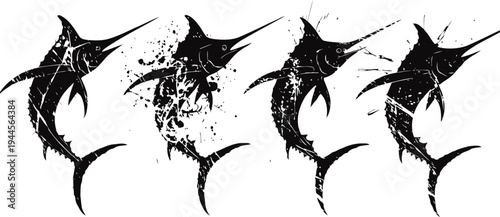 abstract grunge sharks silhouette set deadly ocean predators in dynamic motion with splatter effect marine wildlife design