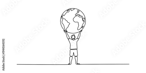 Continuous line drawing of a person holding up the earth globe above their head, symbolizing global responsibility Vector, illustration