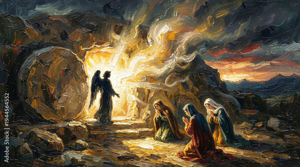 Obraz premium Resurrection of Jesus Christ Dramatic Oil Painting with Angel, Women at the Tomb, and Divine Light