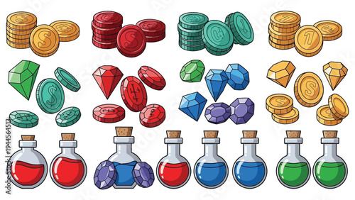 Flat lay of various colorful fantasy game icons including coins, gems, and potion bottles on a white background.