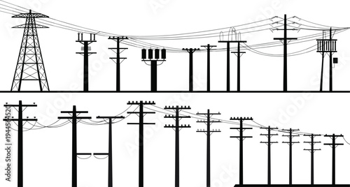 Black and white of various power transmission and distribution poles and towers