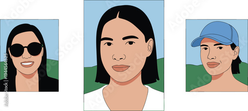 Minimalist female portrait collection, woman avatars with sunglasses and cap, modern flat character faces vector illustration set