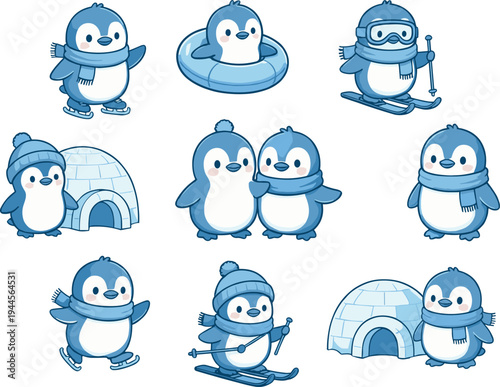 Cute cartoon penguin characters collection showing winter activities like ice skating, skiing, snow tubing and igloo scenes, adorable arctic animal vector illustration set