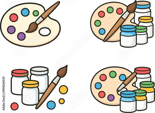 Cute cartoon paint palette, brush and paint jars set, colorful art supplies icons for kids creativity, school drawing, craft class, design elements isolated