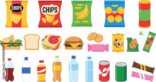 Collection of packaged snacks, chips, cookies, sandwiches, burgers, candy bars and soft drink bottles colorful flat vector illustration set