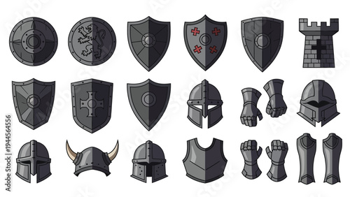 Collection of medieval armor pieces including helmets, shields, gauntlets, and chest plates in gray on a white background.