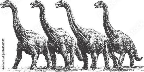 Four brachiosaurus dinosaurs walking in a row vintage prehistoric reptile illustration