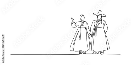 Continuous line art illustration depicting a korean couple wearing traditional hanbok and holding hands Vector, illustration