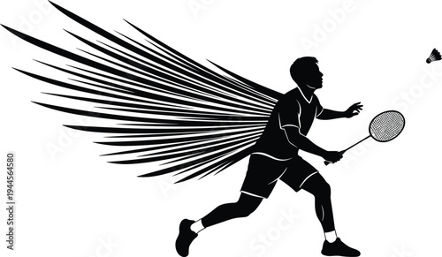 Badminton player silhouette with wings, dynamic sports vector illustration, racquet game symbol design, shuttlecock action icon, athletic angelic figure isolated graphic art