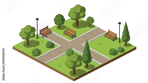 Isometric illustration of a serene park with pathways, benches, trees, and streetlights on a white background.