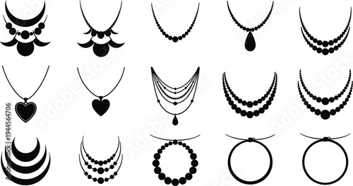 black necklace silhouettes collection illustration, elegant jewelry pendants, bead chains, fashion accessories set isolated vector for beauty, luxury, and design