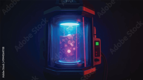 Close-up of a futuristic device with a glowing blue and purple light in a dark setting.