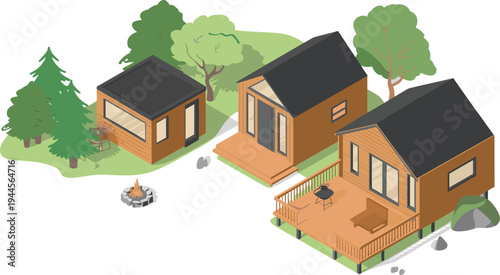 Modern wooden cabins in forest landscape with deck campfire trees and nature scenery cozy houses isometric vector illustration