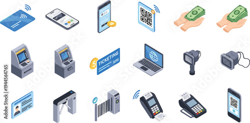 Digital payment technology icon set with contactless card mobile wallet QR code POS terminal ATM banking finance vector